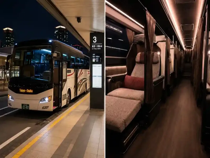 Interior sleeper bus mewah Tokyo Jepang untuk perjalanan antar kota ke Osaka