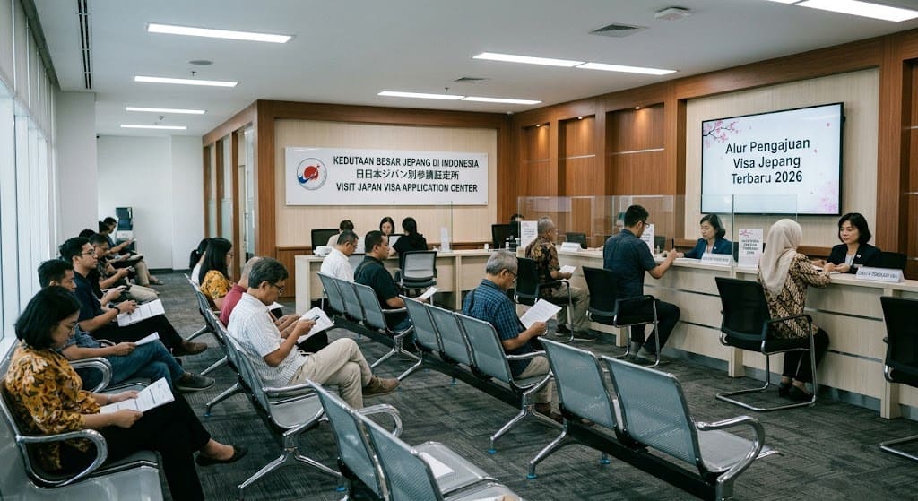 Pemandangan luas suasana area tunggu di Visit Japan Visa Application Center, Jakarta, menunjukkan pemohon lain yang sedang mengantre untuk proses visa Jepang 2026