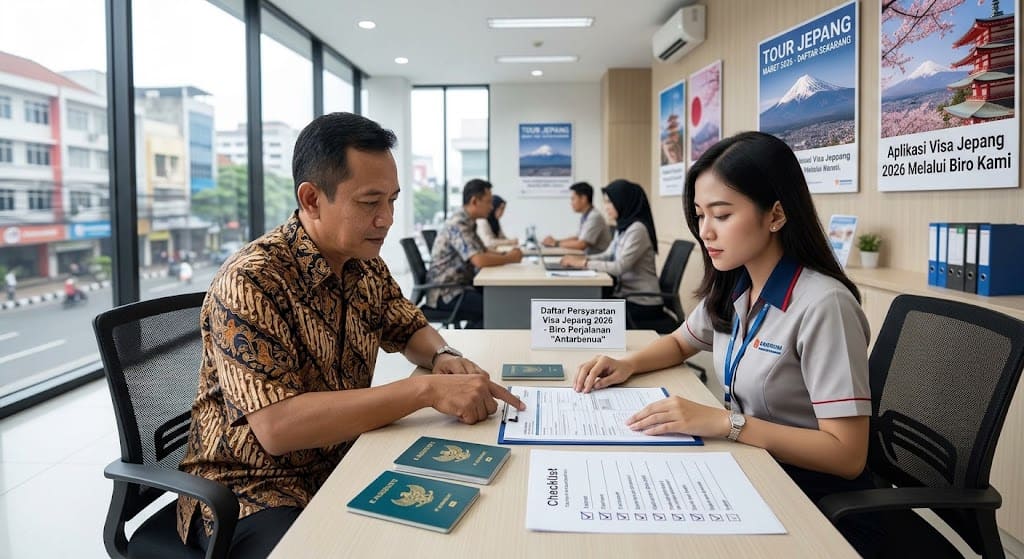 Foto interior agen perjalanan di Bandung, menampilkan seorang pemohon pria Indonesia paruh baya menunjuk dokumen persyaratan visa Jepang 2026 yang sedang ditinjau oleh agen wanita di meja