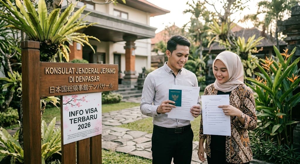 Foto luar ruangan di halaman Konsulat Jenderal Jepang Denpasar, menampilkan pasangan muda Indonesia tersenyum gembira sambil memegang paspor dan formulir di depan tanda 'INFO VISA TERBARU 2026