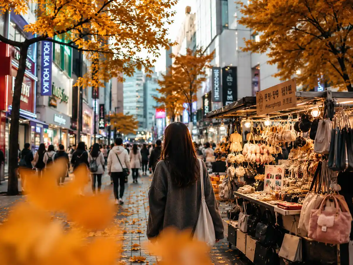 myeongdong market di sore hari dikelingi oleh pohon pohon rindang di musim gugur