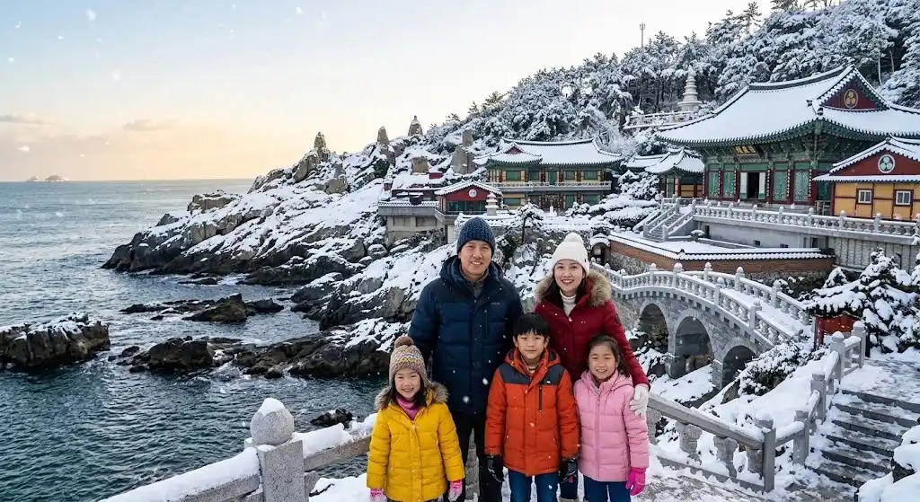 Kenangan musim dingin yang tak terlupakan bersama keluarga!Menjelajahi keindahan Haedong Yonggungsa Temple di Korea Selatan, di mana kuil tradisional bertengger ajaib di atas tebing bersalju di tepi laut. Udara dingin, hati hangat.
