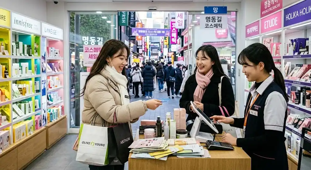 Toko kosmetik Myeongdong Korea: Dua wanita belanja skincare dan membayar dengan kartu kredit. Rak produk Innisfree, Laneige, Etude terlihat, dengan tas belanja Olive Young