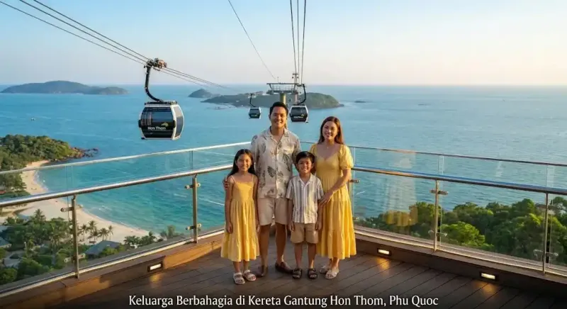 keluarga berbahagia di kereta gantung Hon Thom, Phu Quoc dalam perjalanan Tour Vietnam