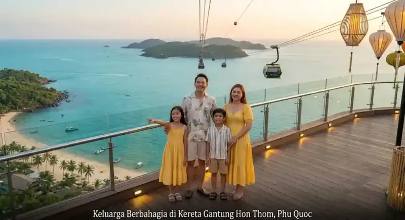 keluarga berfoto di depan kereta gantung Hon Thom , Phu Quoc pada saat join tour vietnam