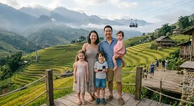 Tour Vietnam Hanoi Sapa menikmati keindahan sawah terasering dan pegunungan Fansipan.
