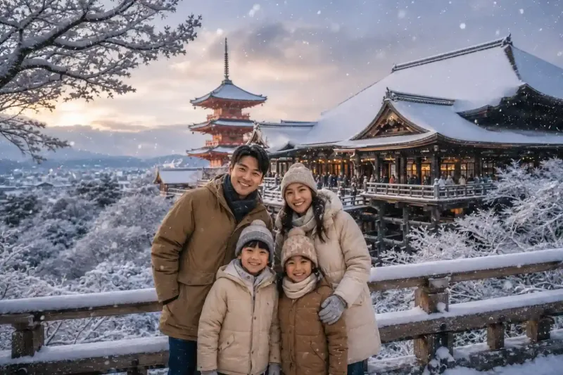Keluarga menikmati tour jepang liburan musim dingin di Kyoto dengan latar Kiyomizudera, pagoda Jepang, dan salju.