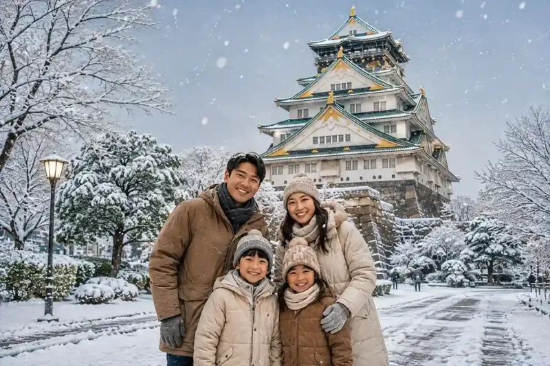Keluarga menikmati tour Jepang musim dingin di Osaka dengan latar Osaka Castle bersalju.