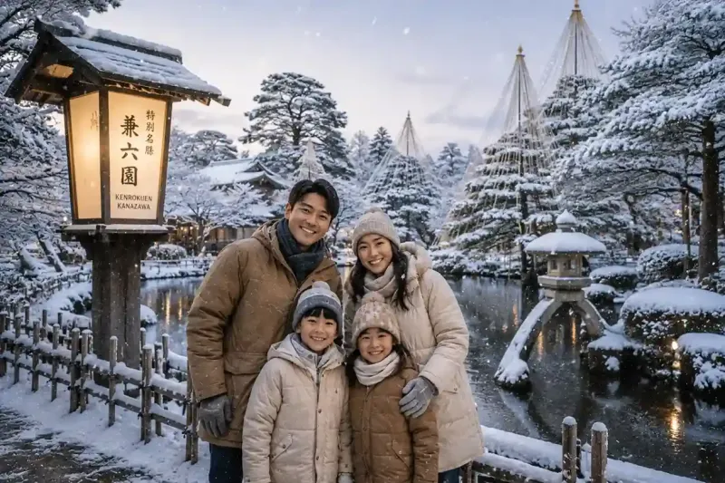 Keluarga menikmati tour Jepang musim dingin di Kanazawa dengan latar Kenrokuen Garden bersalju.