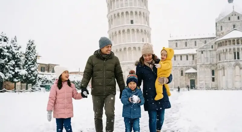 Keluarga di depan Menara Pisa bersalju saat ikuti paket tour Eropa musim dingin