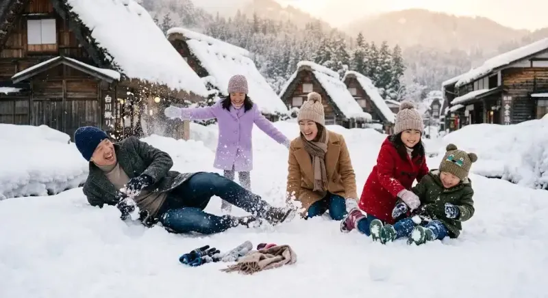 Wisata keluarga musim dingin di desa Shirakawa-go Jepang yang bersalju