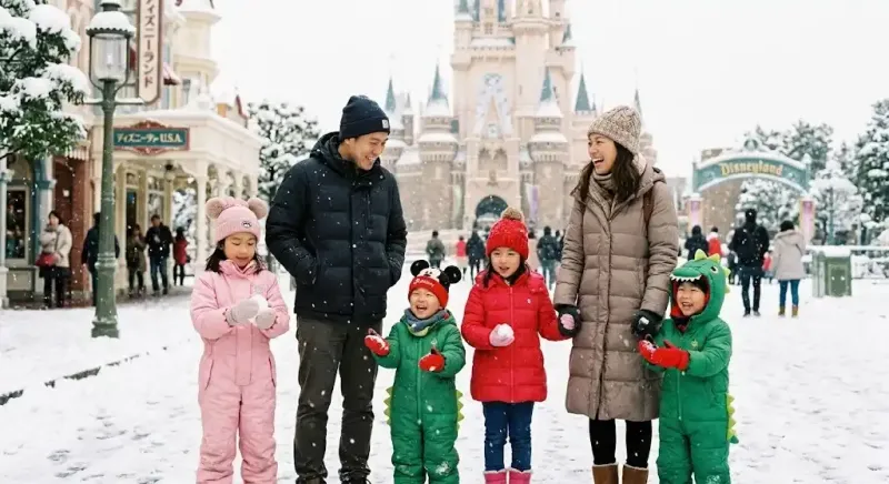 Wisata musim dingin di Disneyland, Jepang, bersama keluarga di Main Street bersalju.