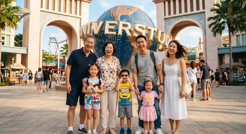 Foto keluarga bahagia di depan Universal Studios Singapore, wahana wisata populer.