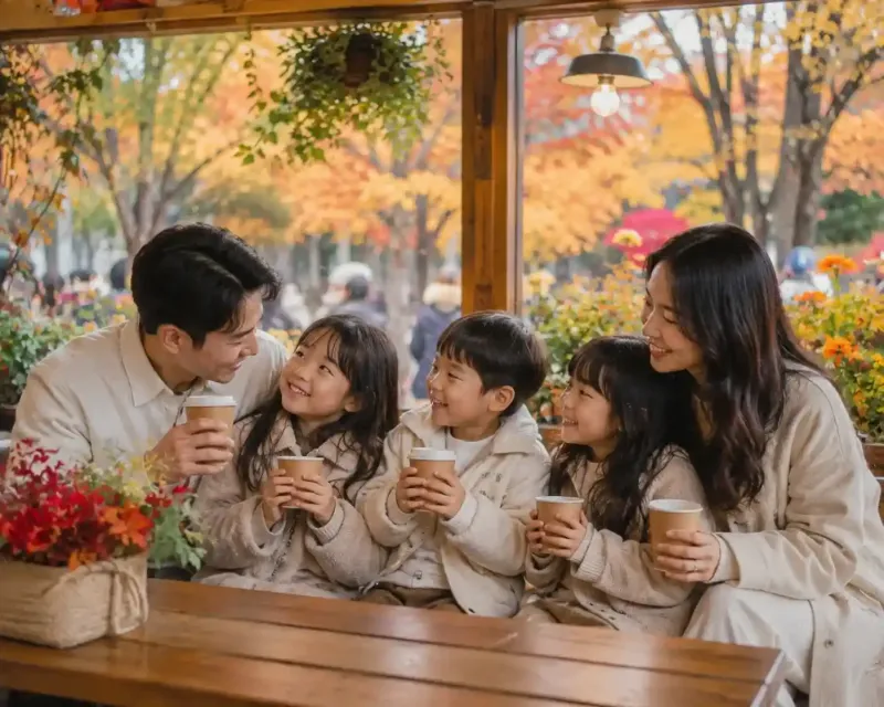 Keluarga menikmati kopi di Nami Island saat musim gugur Korea dengan pemandangan daun warna-warni