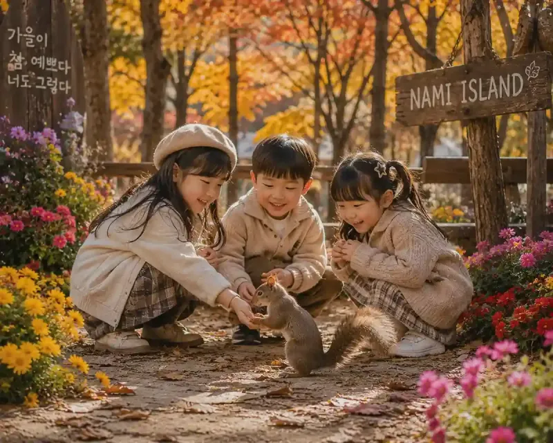 Tour Korea autumn di Nami Island dengan anak-anak bermain tupai di tengah daun musim gugur