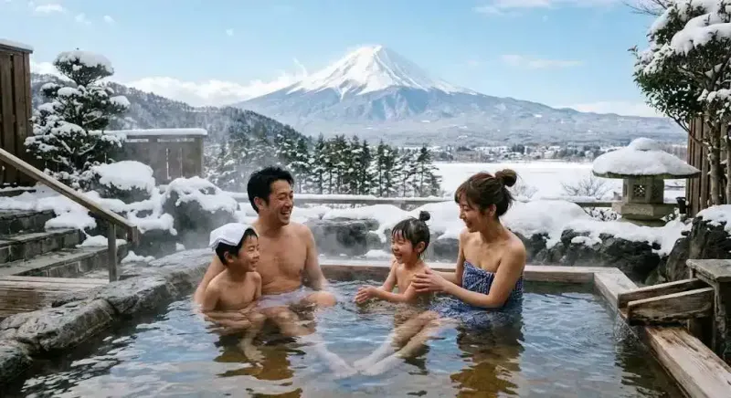 keluarga Jepang yang ceria berendam di kolam onsen luar ruangan, dikelilingi salju, dengan Gunung Fuji terlihat di latar belakang