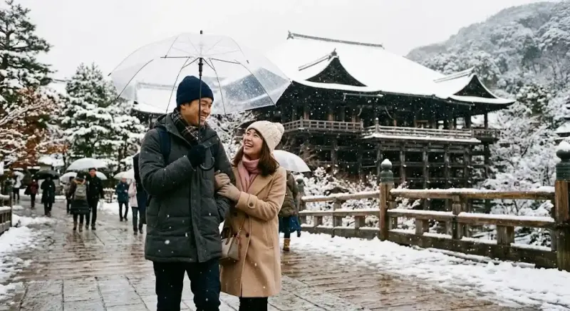 Kuil Kiyomizu-dera Kyoto, pasangan di salju liburan musim dingin Jepang