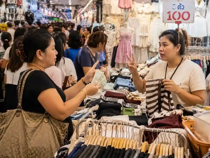 Ibu menawar harga pakaian sambil memegang uang di Platinum Fashion Mall Bangkok