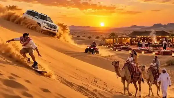 Aktivitas Desert Safari Dubai dengan dune bashing, sandboarding, camel ride dan desert camp