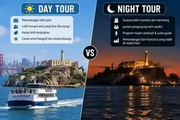 Alcatraz Day Tour vs Night Tour di San Francisco dengan ferry dan Penjara Alcatraz