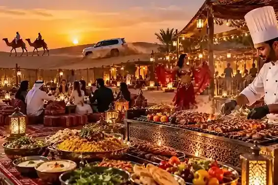 BBQ dinner Desert Safari Dubai di desert camp dengan kuliner Arab dan hiburan malam