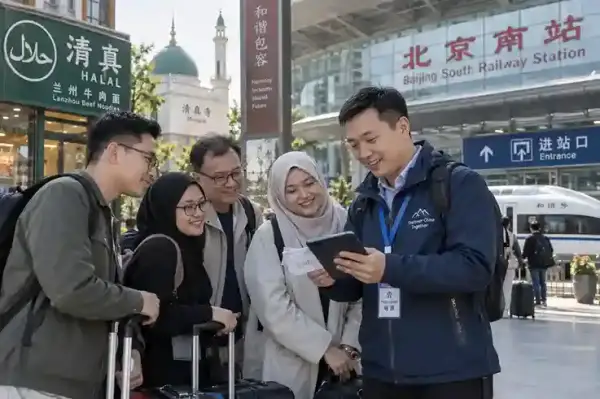 China Muslim tour di Beijing South Railway Station dengan tour leader dan wisatawan Indonesia