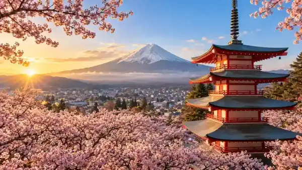 Spot foto Gunung Fuji di Chureito Pagoda, Fujiyoshida, Jepang saat musim sakura