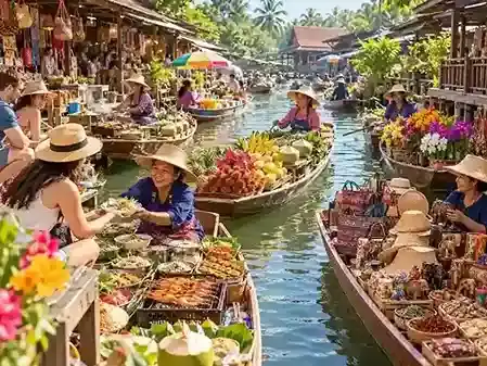 Wisata belanja dan kuliner di Damnoen Saduak Floating Market, Ratchaburi Thailand, di atas perahu.