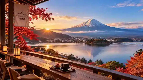 Danau Kawaguchiko dengan pemandangan Gunung Fuji di Fujikawaguchiko, Yamanashi, Jepang