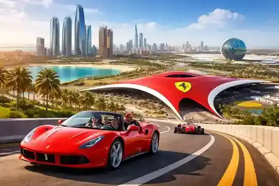 Mobil Ferrari merah berlatar Ferrari World Abu Dhabi di Yas Island, destinasi wisata Uni Emirat Arab.