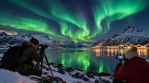 Fotografi Aurora Borealis di Tromso Norwegia dengan kamera dan HP saat Northern Lights