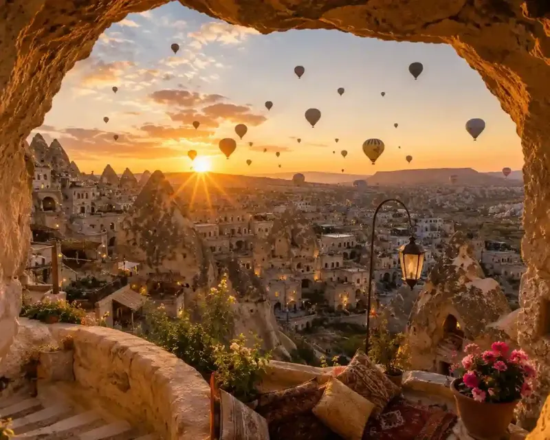 Goreme Valley Cappadocia Turki dengan hot air balloon saat sunrise dan panorama Fairy Chimneys