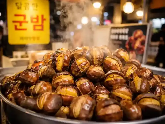 Gunbam atau kastanye panggang khas Korea yang lezat sebagai street food populer di Seoul Korea Selatan