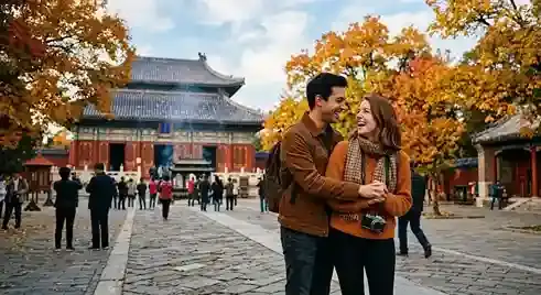 Foto candid pasangan bahagia di Kuil Surga Beijing musim gugur, atraksi wisata utama Tiongkok