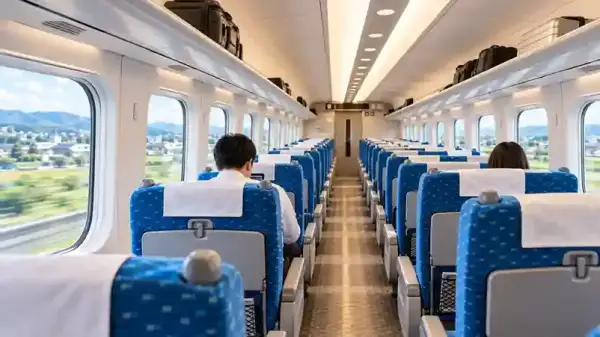 Interior Shinkansen Jepang rute Tokyo Osaka untuk perjalanan tour Jepang 2026