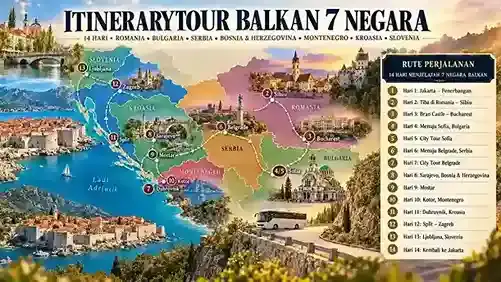 Peta itinerary Tour Balkan 14 hari ke 7 negara, termasuk Romania, Bosnia, Montenegro dan Kroasia.