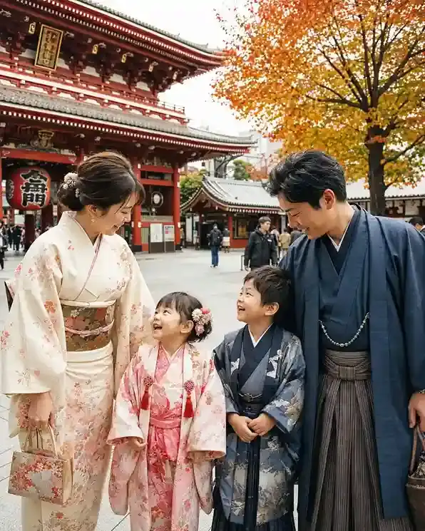 Keluarga berkimon? di Asakusa Temple Tokyo saat autumn, wisata Jepang bersama dua anak