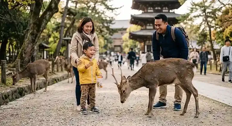 Anak laki-laki tertawa memberi makan rusa di Nara Park, Jepang saat liburan keluarga