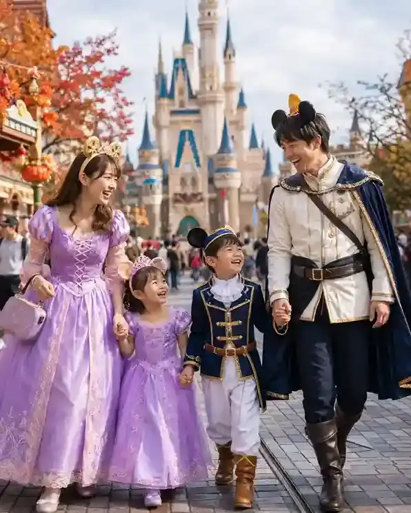 Keluarga bersama 2 anak di Tokyo Disneyland Jepang saat autumn memakai cosplay Disney