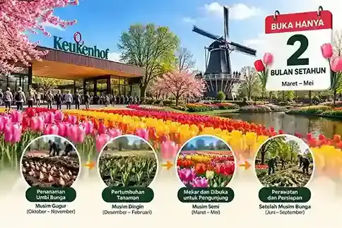 Keukenhof 2027 di Lisse Belanda, siklus bunga tulip dari penanaman umbi hingga mekar musim semi.