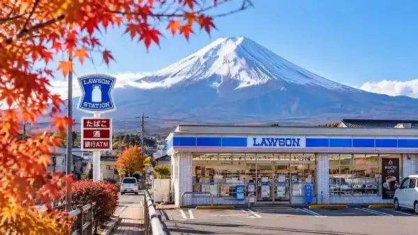 Lawson Gunung Fuji di Fujikawaguchiko, Yamanashi, Jepang dengan pemandangan Fuji