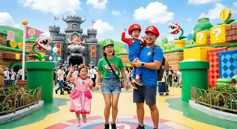 Keluarga bahagia di arena Mario Universal Studio Osaka, destinasi paket tour Jepang.