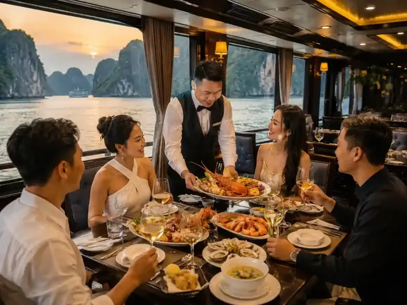 Makan seafood di cruise mewah Halong Bay Vietnam sambil menikmati wine, sunset dan pemandangan indah Teluk Ha Long