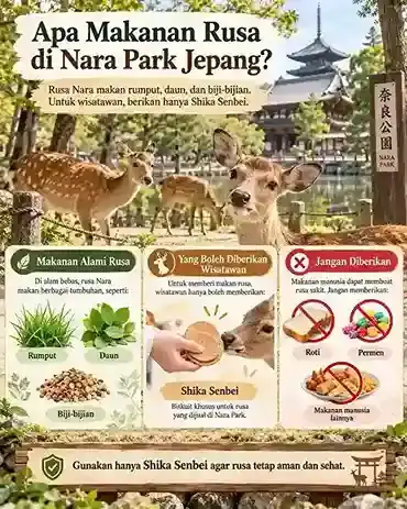 Wisatawan memberi makan rusa di Nara Park Jepang dengan latar kuil bersejarah di Kota Nara.