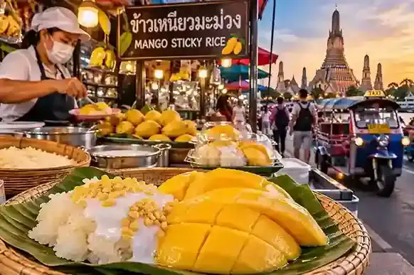 Mango Sticky Rice Bangkok di street food Bangkok Thailand dengan suasana Wat Arun saat sunset