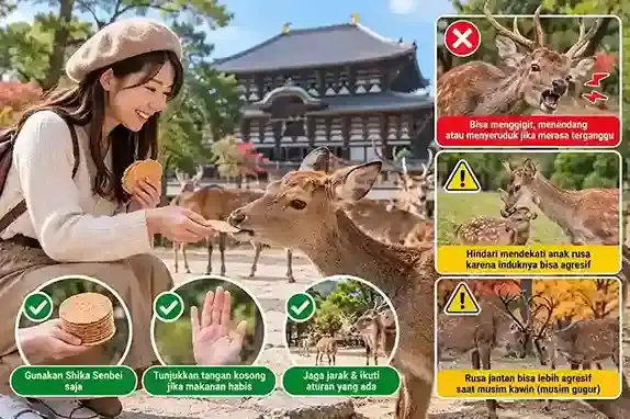 Infografis makanan rusa di Nara Park Jepang, Shika Senbei dan makanan alami rusa Jepang.