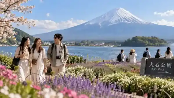 Oishi Park dengan Gunung Fuji dan Danau Kawaguchiko di Fujikawaguchiko, Jepang