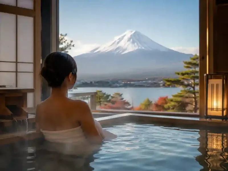 Wanita berendam di onsen Kawaguchiko Jepang sambil menatap Mount Fuji