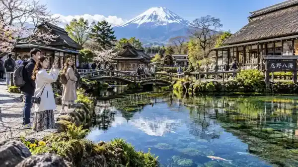 Oshino Hakkai dengan pemandangan Gunung Fuji di Oshino, Yamanashi, Jepang