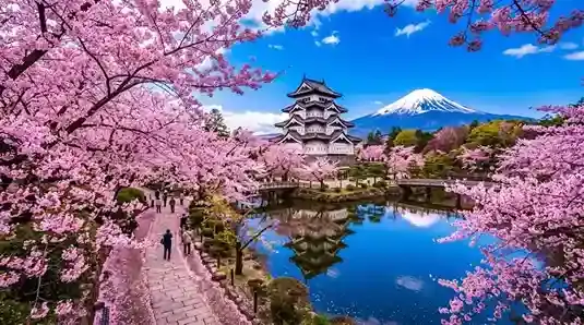 Pemandangan bunga sakura dan Gunung Fuji. Pilihan favorit paket tour Jepang musim semi.